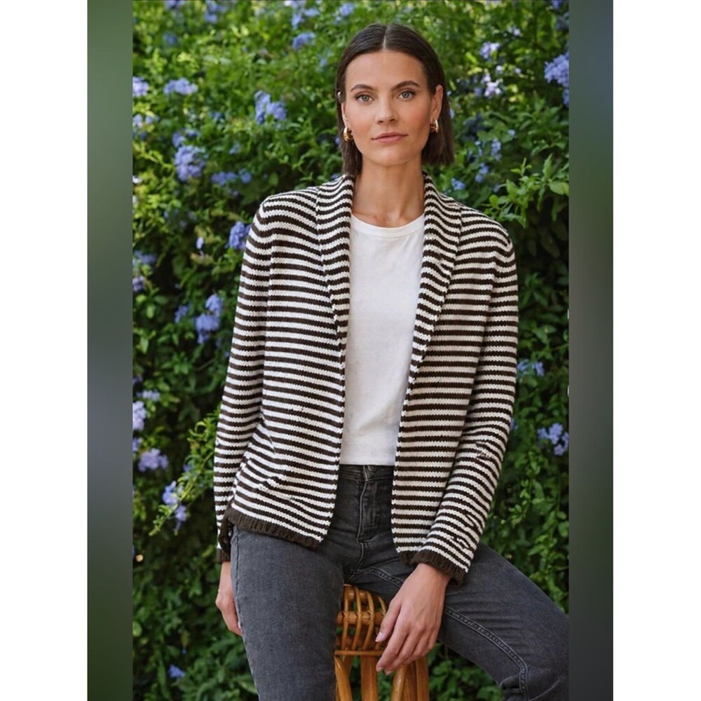 Pure Collection Shawl Collar Hand Knit Jacket Cardigan Brown White Sz M-L Chic